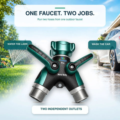 Two Way Hose Splitter Heavy Duty Outdoor Faucet Connector With Shut Off Valve All Metal Y Adapter For Garden Watering Leak Free Dual Outlet Spigot Splitter With Easy Grip Handles And Durable Weatherproof Build, front view