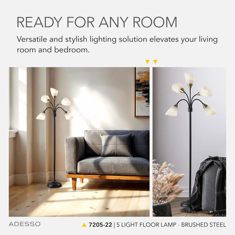 Arc Floor Lamp With Five Movable Shades And Dimmable Brightness In Brushed Steel Finish Totally Lit Lighting For Bedroom Decor Beauty And Art Studios Content Creators Workspaces And Dorm Rooms features a contemporary design standing beside a grey sofa, showcasing adjustable white frosted shades.