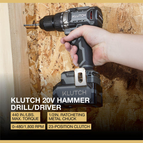 Brushless 20 Volt Drill Driver And Impact Driver Kit in use with one half inch metal ratcheting chuck, 23 position clutch.