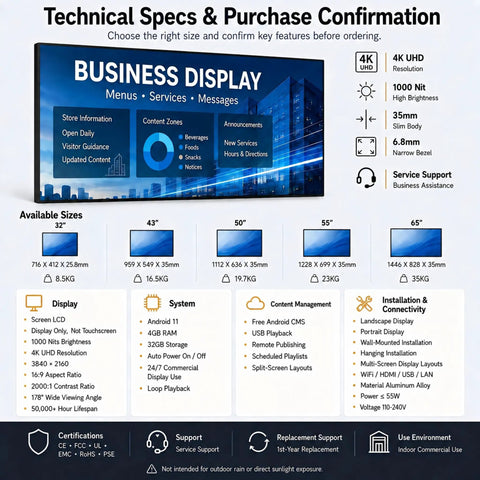 Technical specifications for Heavy Duty 65 Inch Wall Mounted Digital Signage Display 4K Menu Board indoor commercial use.