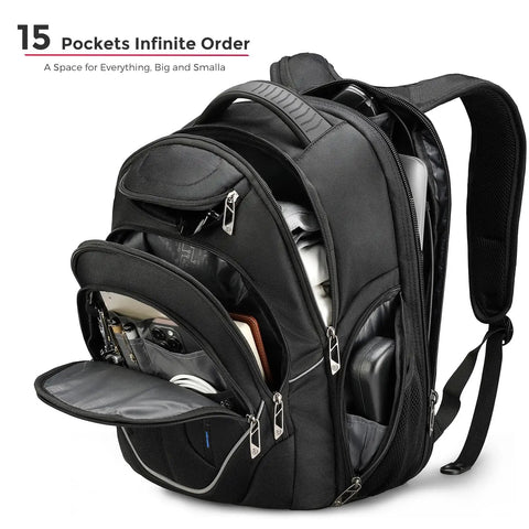 TSA Approved Laptop Backpack With USB Charging Port, RFID Safe Pockets, 15.6 Inch Tech Carrier for men shown with open pockets