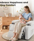 Woman holding baby on Compact Manual Recliner For Small Spaces With Adjustable Backrest, Cup Holders, Side Pockets in beige