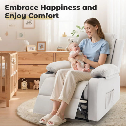 Woman holding baby on Compact Manual Recliner For Small Spaces With Adjustable Backrest, Cup Holders, Side Pockets in beige