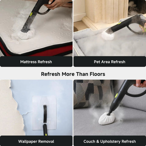 Heavy Duty Steam Cleaner For Home 1500W High Pressure Canister Steamer cleaning mattress, couch, and wallpaper with steam.