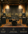 Recording studio with Acoustic Panels 50 Pack 2x12x12 No Drill Required Pyramid Foam For Walls And Home Studio Noise Reduction Echo Control Kit With 300 Reusable Double Sided Adhesive Squares For Easy Peel Install on walls.