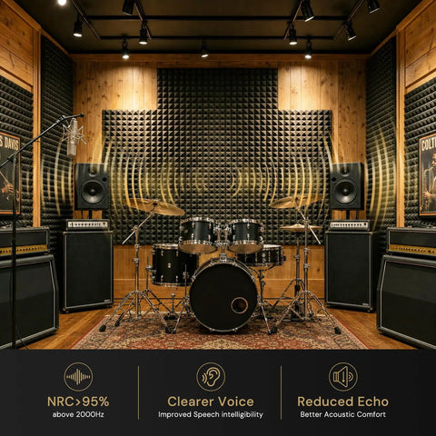 Recording studio with Acoustic Panels 50 Pack 2x12x12 No Drill Required Pyramid Foam For Walls And Home Studio Noise Reduction Echo Control Kit With 300 Reusable Double Sided Adhesive Squares For Easy Peel Install on walls.