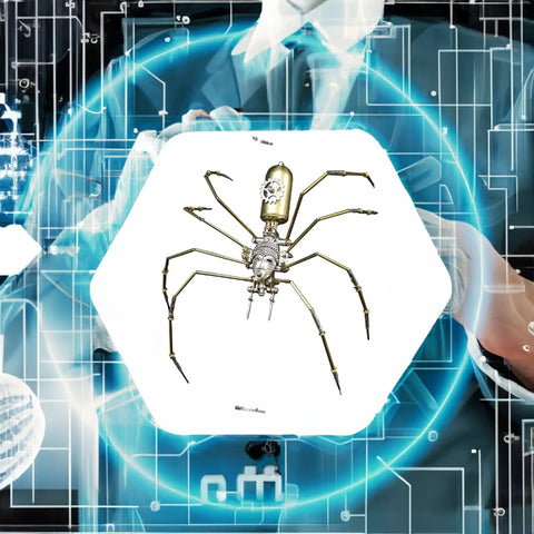 Metal Spider Model Kit For Adults With Brass Gears And Steampunk Flair A 3D Mechanical Insect Sculpture Crafted From Premium Laser Cut Steel Over 100 Parts Lets You Build In A Few Hours Dope For Gearhead Hobbyists And Great For Home Office Decor Gift on a technological background