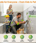 Self Leveling Concrete Crack Filler 4 Pack used in home repair, family applying it safely in bathroom with kid and dog.