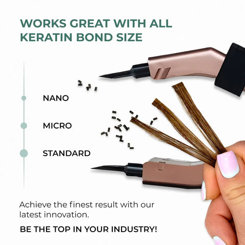 Pro Grade Keratin Fusion Tool For Hair Extensions With Slim Long Heating Plates Adjustable Temperature Rose Gold shown in use