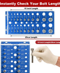 59 Nut And Bolt Thread Checker With Full Size Bolt And Nut Sizer Gauge 22 Standard And 22 Metric 15 Drill Bit Holes Wall Mount Bolt Size Finder Screw Size Chart Durable Bolt Measuring Gear shown with sizes and threaded bolt held by gloved hand