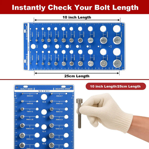 59 Nut And Bolt Thread Checker With Full Size Bolt And Nut Sizer Gauge 22 Standard And 22 Metric 15 Drill Bit Holes Wall Mount Bolt Size Finder Screw Size Chart Durable Bolt Measuring Gear shown with sizes and threaded bolt held by gloved hand