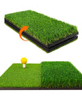 Portable Foldable Grab-and-Go Dual Turf Golf Practice Mat for Indoor Outdoor Swing and Chipping Realistic Fairway and Rough Turf Hitting Surface for Backyard Training and Home Practice, showing folded and open views.