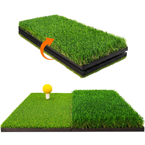 Portable Foldable Grab-and-Go Dual Turf Golf Practice Mat for Indoor Outdoor Swing and Chipping Realistic Fairway and Rough Turf Hitting Surface for Backyard Training and Home Practice, showing folded and open views.