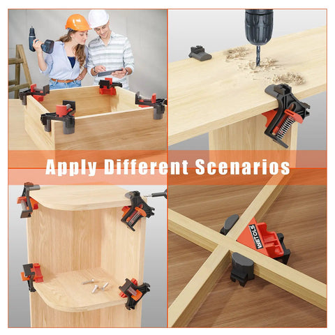 Four Pack 90 Degree Corner Clamp Set For Woodworking, Spring Loaded Right Angle Clamps used on wooden furniture assembly
