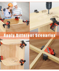Corner Clamp for Woodworking 90 Degree Right Angle Clamp Set Four Pack in use for assembling wooden shelves and frames.