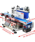Ready To Go Automatic Desktop Conveyor Round Bottle Labeler showing dimensions and control panel, stainless steel, efficient labeling process.