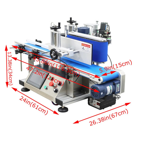 Ready To Go Automatic Desktop Conveyor Round Bottle Labeler showing dimensions and control panel, stainless steel, efficient labeling process.