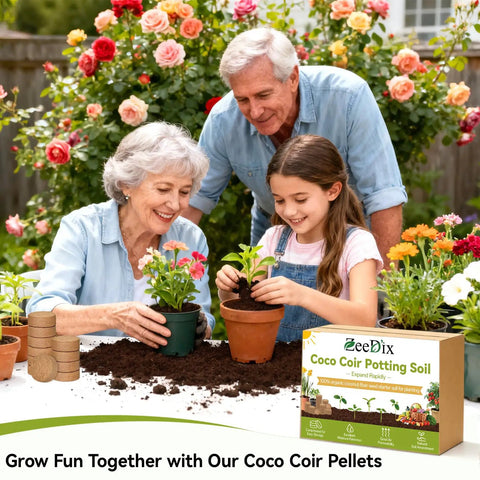 Family gardening with 100 Pack 30mm Organic Coco Coir Seed Starter Pellets for Indoor and Outdoor Gardening beside the package