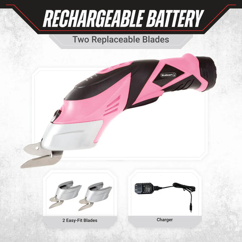 Handle Every Project Task Without Breaking A Sweat With These Cordless Electric Scissors featuring a pink ergonomic grip and dual blades.