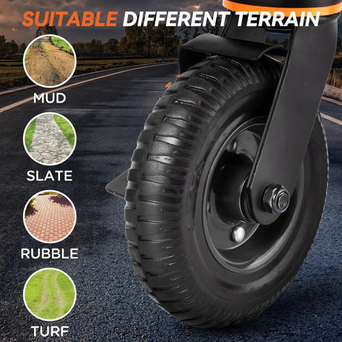 Heavy Duty 8 Inch Gate Wheels With Brake for metal tube gate and wooden gates, showing tire suitable for various terrains