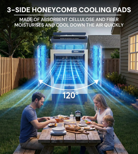 Heavy Duty 6500 Cfm Portable Evaporative Swamp Cooler With 19 Gal Tank 120 Oscillation Auto Fill Blower Kickin That Summer Humidity For Patios Garages Workspaces And Job Sites 56 Inches Tall cooling down air with honeycomb pads outside while family eats.