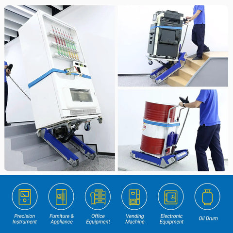 Xsto Crawler Electric Dolly Heavy Duty Trolley 684 Lbs Load Capacity Stair Climber carrying various appliances up stairs.