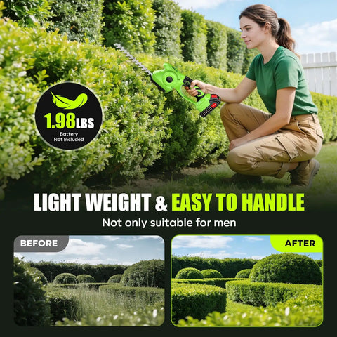Woman using 2-In-1 600W Cordless Hedge Trimmer And Grass Trimmer 21V Battery Powered Garden Tool on bushes.