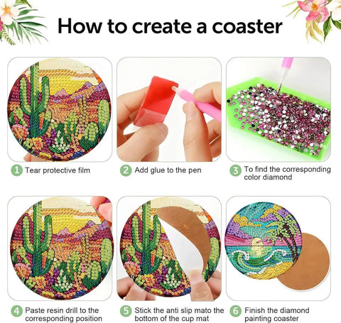 Step-by-step guide to creating a Colorful Cacti Diamond Painting Coaster from the 8 Piece DIY Art Coasters With Holder Kit for Beginners.