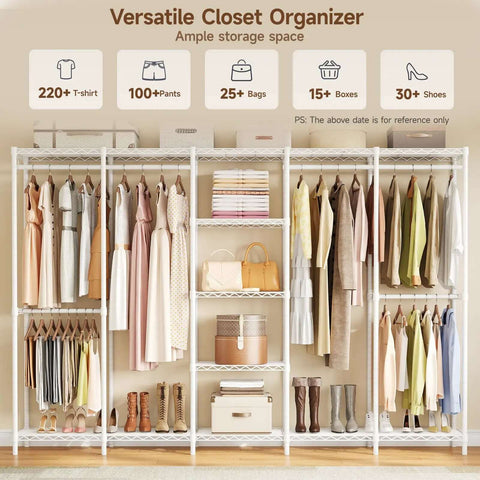 Extra Large Industrial Pipe Clothing Rack With Five Tier Shelves And Hanging Rods Freestanding Portable Closet Organizer System 88.6 Inches Wide Beefed Up Heavy Duty Wardrobe Holds Up To 1300 Lbs White, displaying clothes, shoes, and boxes.