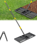 Pro Grade Heavy Duty Lawn Leveling Rake with 30x10 foldable leveler plate, 6 ft adjustable stainless steel shaft on grass and dirt