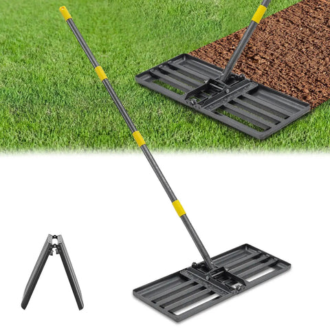 Pro Grade Heavy Duty Lawn Leveling Rake with 30x10 foldable leveler plate, 6 ft adjustable stainless steel shaft on grass and dirt