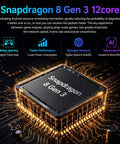 Snapdragon 8 Gen 3 processor on a circuit board, showcasing advanced technology for Unlocked 5G Smartphone With Built In Stylus Pen 6.99 Inch HD Plus Display Android 14 System 12 GB RAM And 512 GB Storage Killer 7000 Mah Battery Dual SIM Face Unlock Desert Gold Built Different Goated Look.