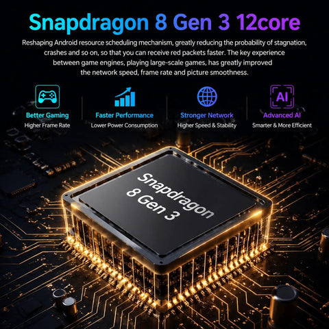 Snapdragon 8 Gen 3 processor on a circuit board, showcasing advanced technology for Unlocked 5G Smartphone With Built In Stylus Pen 6.99 Inch HD Plus Display Android 14 System 12 GB RAM And 512 GB Storage Killer 7000 Mah Battery Dual SIM Face Unlock Desert Gold Built Different Goated Look.