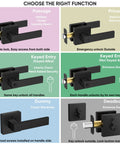 Diagram of Matte Black Heavy Duty Door Handle Set With Reversible Square Lever For Bedroom Bathroom And Hallways Deadbolt Plus Passage Lever Durable Zinc Alloy Hardware 1 Pack showing different functions.
