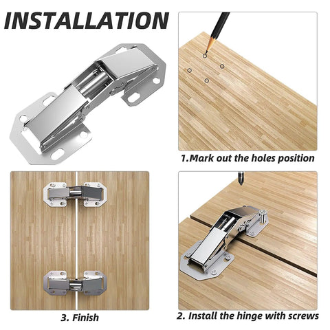 Installation guide for Frameless Cabinet Hidden Hinges 90 Degree No Fuss Quick Install 8 Pack with step-by-step images