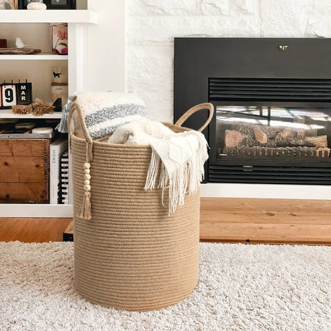 Boho Jute Laundry Hamper Basket With Handles Tall Wicker Hamper For Nursery And Laundry Room Roomy Woven Blanket Storage