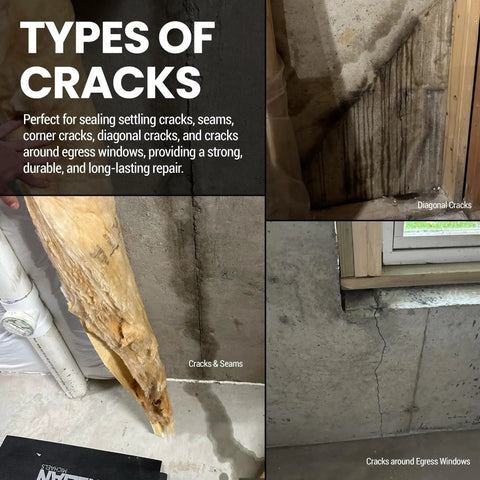DIY Foundation Crack Repair Kit With 10 Ft Low Viscosity Urethane Sealant For Crawl Spaces And Concrete Basement Walls That Stops Water Leaks Drill Free Filler And Easy Home Fix showcasing types of cracks like seams, diagonal, and around egress windows.