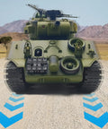 Front view of Remote Control Battle Tank 15 Channel 2.4GHz RC Tank One Twentieth Scale Sherman M4A3 on rocky terrain
