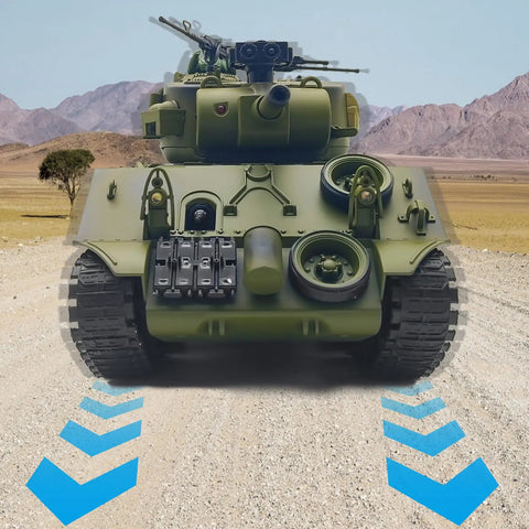 Front view of Remote Control Battle Tank 15 Channel 2.4GHz RC Tank One Twentieth Scale Sherman M4A3 on rocky terrain