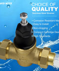 1-inch NR3XL pressure reducing valve with brass body, black knob, stainless steel screen, double union FNPT ends