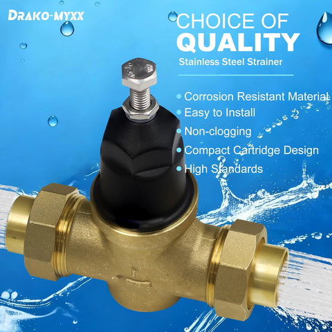 1-inch NR3XL pressure reducing valve with brass body, black knob, stainless steel screen, double union FNPT ends