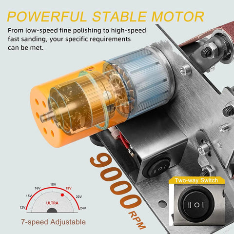 Compact Electric Mini Belt Sander Featuring Slick 7 Speed Controls And Hella Precise Angle Adjustments For Wood Metal Projects with a powerful motor showing 9000 RPM.