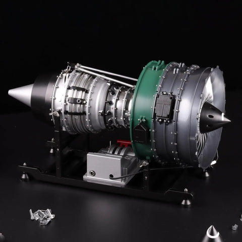 One-Tenth Scale Twin Spool Turbofan Engine Model Kit That Actually Runs With Metal CNC Finish on display