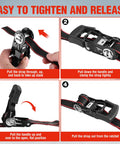 4 Pack Heavy Duty Ratchet Tie Down Straps 1 Inch X 12 Foot 1500 Lbs Breaking Point showing tightening steps for secure cargo use.