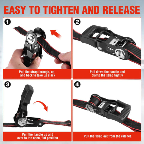 4 Pack Heavy Duty Ratchet Tie Down Straps 1 Inch X 12 Foot 1500 Lbs Breaking Point showing tightening steps for secure cargo use.