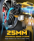 Cordless Tire Inflator Air Compressor with Dewalt 20V Battery Compatibility demonstrating fast inflation on car tire with 25mm cylinder.