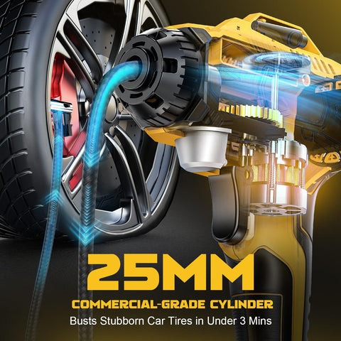 Cordless Tire Inflator Air Compressor with Dewalt 20V Battery Compatibility demonstrating fast inflation on car tire with 25mm cylinder.