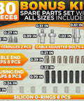30-piece spare parts kit for bike cables with sizes shown, includes ferrules, adjuster bolts, caps, O-rings for Eight Piece Bike Brake Cable Kit With Stainless Steel Wires Complete Inner Replacement Set Including 4 Brake Lines 1800mm And 4 Gear Wires 2100mm With Ferrules And End Caps Fits Road MTB And BMX.