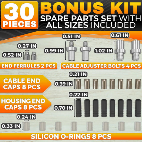 30-piece spare parts kit for bike cables with sizes shown, includes ferrules, adjuster bolts, caps, O-rings for Eight Piece Bike Brake Cable Kit With Stainless Steel Wires Complete Inner Replacement Set Including 4 Brake Lines 1800mm And 4 Gear Wires 2100mm With Ferrules And End Caps Fits Road MTB And BMX.