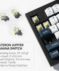 Gateron Jupiter Banana Switches with yellow top, detailed specs, placed on a Compact 96 Percent Wireless Mechanical Keyboard.